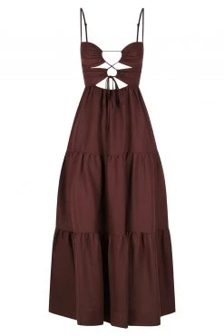 Shona Joy RUBI LINEN LACE UP BACKLESS MIDI DRESS - COCOA DRESSES