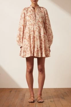 Shona Joy DRESSES FLOR LINEN BALLOON SLEEVE PIN TUCK TIERED MINI DRESS