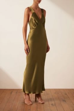 Shona Joy BEST SELLERS GIORGIA PLUNGED MIDI DRESS - OLIVE OIL