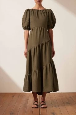 Shona Joy JULIANA LINEN SHORT SLEEVE OPEN BACK MIDI DRESS - FOREST DRESSES