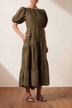 Shona Joy JULIANA LINEN SHORT SLEEVE OPEN BACK MIDI DRESS - FOREST DRESSES