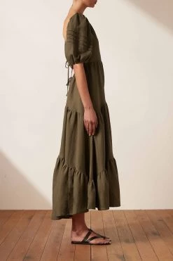 Shona Joy JULIANA LINEN SHORT SLEEVE OPEN BACK MIDI DRESS - FOREST DRESSES