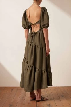 Shona Joy JULIANA LINEN SHORT SLEEVE OPEN BACK MIDI DRESS - FOREST DRESSES