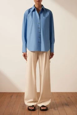 Shona Joy ISABELLA BUTTON UP BOYFRIEND SHIRT - MEDITERRANEAN BLUE TOPS
