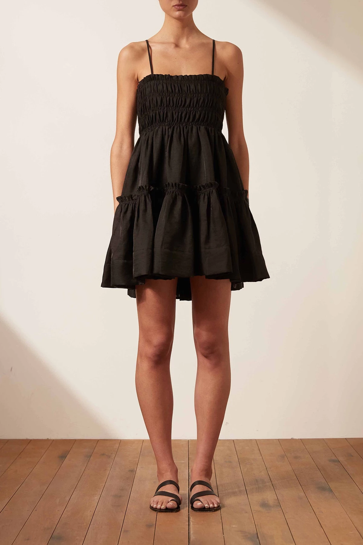 Shona Joy DRESSES BRUNA LINEN SHIRRED TIERED MINI DRESS - BLACK 2 Shona Joy DRESSES BRUNA LINEN SHIRRED TIERED MINI DRESS - BLACK