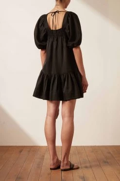 Shona Joy DRESSES BRUNA LINEN SQUARE NECK SHIRRED MINI DRESS - BLACK 11 Shona Joy DRESSES BRUNA LINEN SQUARE NECK SHIRRED MINI DRESS - BLACK