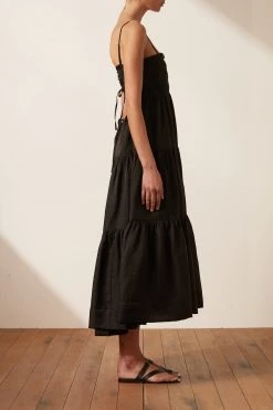 Shona Joy BRUNA LINEN OPEN BACK SHIRRED MIDI DRESS - BLACK