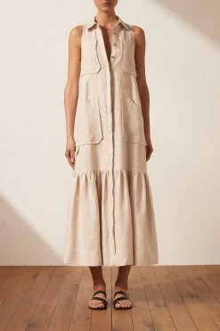 Shona Joy LUNA LINEN SLEEVELESS MIDI DRESS - NATURAL