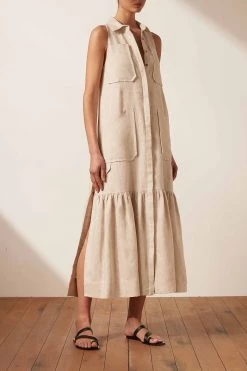 Shona Joy LUNA LINEN SLEEVELESS MIDI DRESS - NATURAL