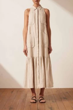Shona Joy LUNA LINEN SLEEVELESS MIDI DRESS - NATURAL
