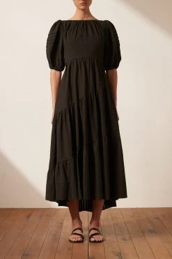 Shona Joy DRESSES ELLA SHORT SLEEVE OPEN BACK MIDI DRESS - COAL