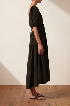 Shona Joy DRESSES ELLA SHORT SLEEVE OPEN BACK MIDI DRESS - COAL