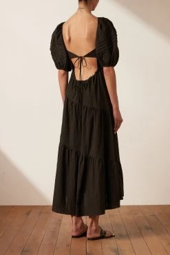 Shona Joy DRESSES ELLA SHORT SLEEVE OPEN BACK MIDI DRESS - COAL