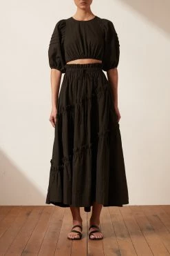 Shona Joy ELLA DRAWSTRING ASYMMETRIC MIDI SKIRT - COAL SKIRTS