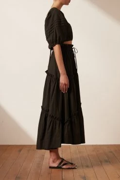 Shona Joy ELLA DRAWSTRING ASYMMETRIC MIDI SKIRT - COAL SKIRTS