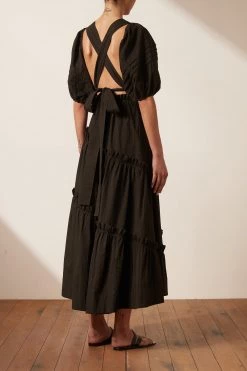 Shona Joy ELLA DRAWSTRING ASYMMETRIC MIDI SKIRT - COAL SKIRTS