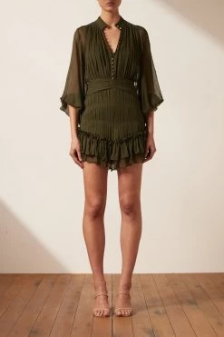 Shona Joy DRESSES SAFIRA BUTTON UP RUCHED MINI DRESS - OLIVE