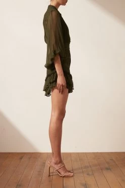 Shona Joy DRESSES SAFIRA BUTTON UP RUCHED MINI DRESS - OLIVE