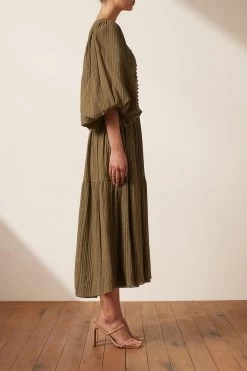 Shona Joy MILA SQUARE NECK MIDI DRESS - CUMIN DRESSES