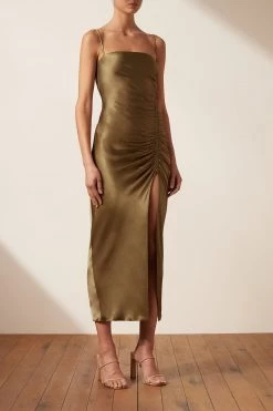 Shona Joy THALIA BIAS RUCHED MIDI DRESS - CUMIN