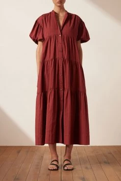 Shona Joy ELLA SHORT SLEEVE SHIRT MIDI DRESS - SANGRIA DRESSES