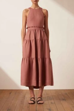 Shona Joy VEGA LINEN TIE BACK MIDI DRESS - ROSE DRESSES