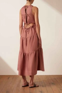 Shona Joy VEGA LINEN TIE BACK MIDI DRESS - ROSE DRESSES