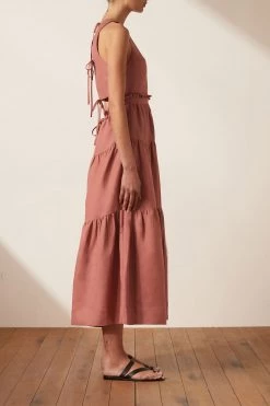 Shona Joy VEGA LINEN TIE BACK MIDI DRESS - ROSE DRESSES