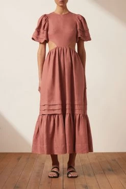 Shona Joy VEGA LINEN CUT OUT OPEN BACK MIDI DRESS - ROSE