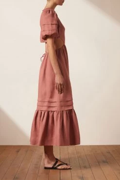 Shona Joy VEGA LINEN CUT OUT OPEN BACK MIDI DRESS - ROSE