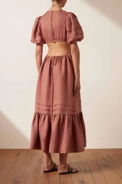 Shona Joy VEGA LINEN CUT OUT OPEN BACK MIDI DRESS - ROSE