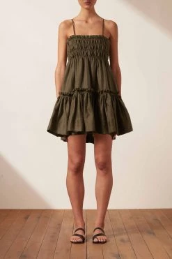 Shona Joy BRUNA LINEN SHIRRED TIERED MINI DRESS - FOREST DRESSES