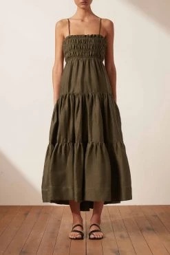 Shona Joy DRESSES BRUNA LINEN OPEN BACK SHIRRED MIDI DRESS - FOREST