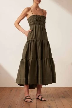 Shona Joy DRESSES BRUNA LINEN OPEN BACK SHIRRED MIDI DRESS - FOREST