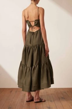 Shona Joy DRESSES BRUNA LINEN OPEN BACK SHIRRED MIDI DRESS - FOREST