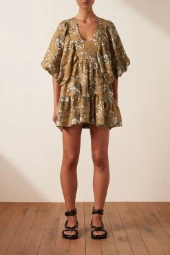 Shona Joy DRESSES CECILIA LINEN PLUNGED BALLOON SLEEVE MINI DRESS 10 Shona Joy DRESSES CECILIA LINEN PLUNGED BALLOON SLEEVE MINI DRESS