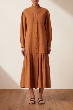 Shona Joy DRESSES PRISCILA HIGH NECK UTILITY MIDI DRESS - TURMERIC