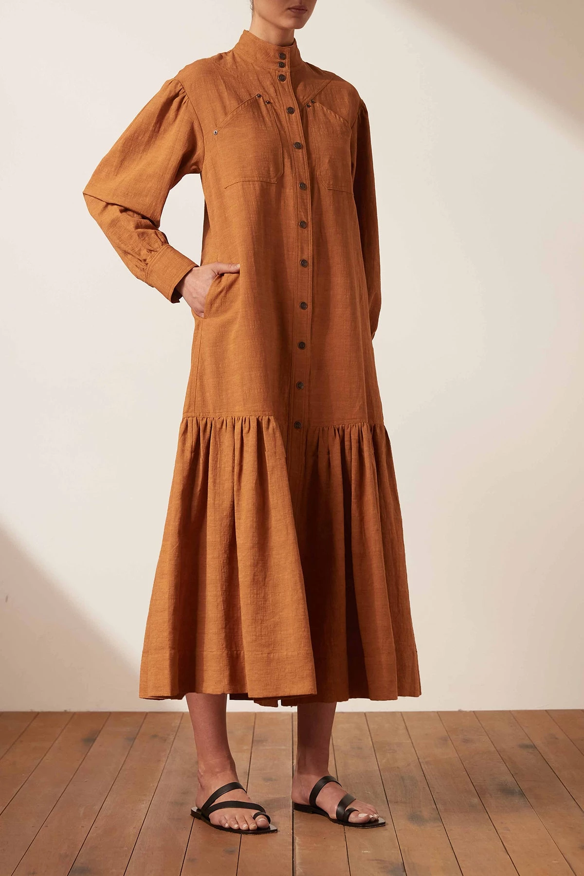 Shona Joy DRESSES PRISCILA HIGH NECK UTILITY MIDI DRESS - TURMERIC 3 Shona Joy DRESSES PRISCILA HIGH NECK UTILITY MIDI DRESS - TURMERIC