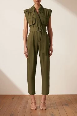 Shona Joy JUMPSUITS MATILDA LINEN UTILITY JUMPSUIT - FOREST