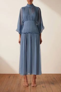 Shona Joy NOEMI LONG SLEEVE RUCHED MIDI DRESS - OCEAN
