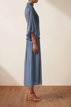 Shona Joy NOEMI LONG SLEEVE RUCHED MIDI DRESS - OCEAN