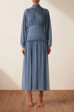 Shona Joy NOEMI LONG SLEEVE RUCHED MIDI DRESS - OCEAN