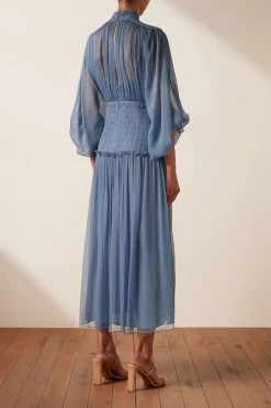 Shona Joy NOEMI LONG SLEEVE RUCHED MIDI DRESS - OCEAN