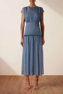 Shona Joy NOEMI SHORT SLEEVE RUCHED MIDI DRESS - OCEAN DRESSES