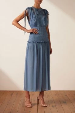 Shona Joy NOEMI SHORT SLEEVE RUCHED MIDI DRESS - OCEAN DRESSES