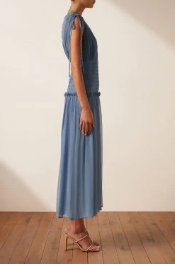 Shona Joy NOEMI SHORT SLEEVE RUCHED MIDI DRESS - OCEAN DRESSES