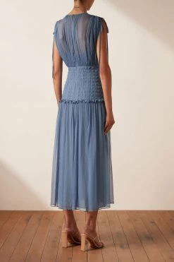 Shona Joy NOEMI SHORT SLEEVE RUCHED MIDI DRESS - OCEAN DRESSES