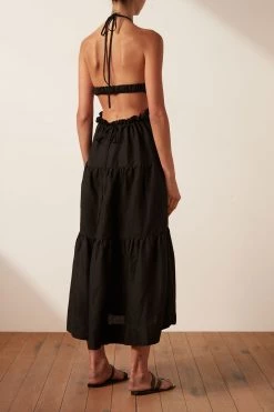 Shona Joy RUBI LINEN BACKLESS MIDI DRESS - BLACK