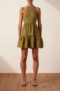 Shona Joy RUBI LINEN OPEN BACK TIERED MINI DRESS - CUMIN