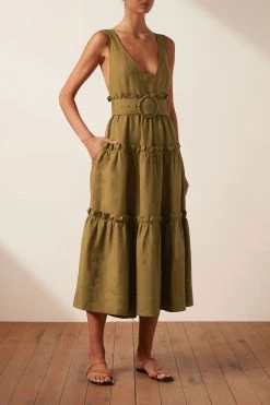 Shona Joy DRESSES RUBI LINEN TIERED MIDI DRESS - CUMIN